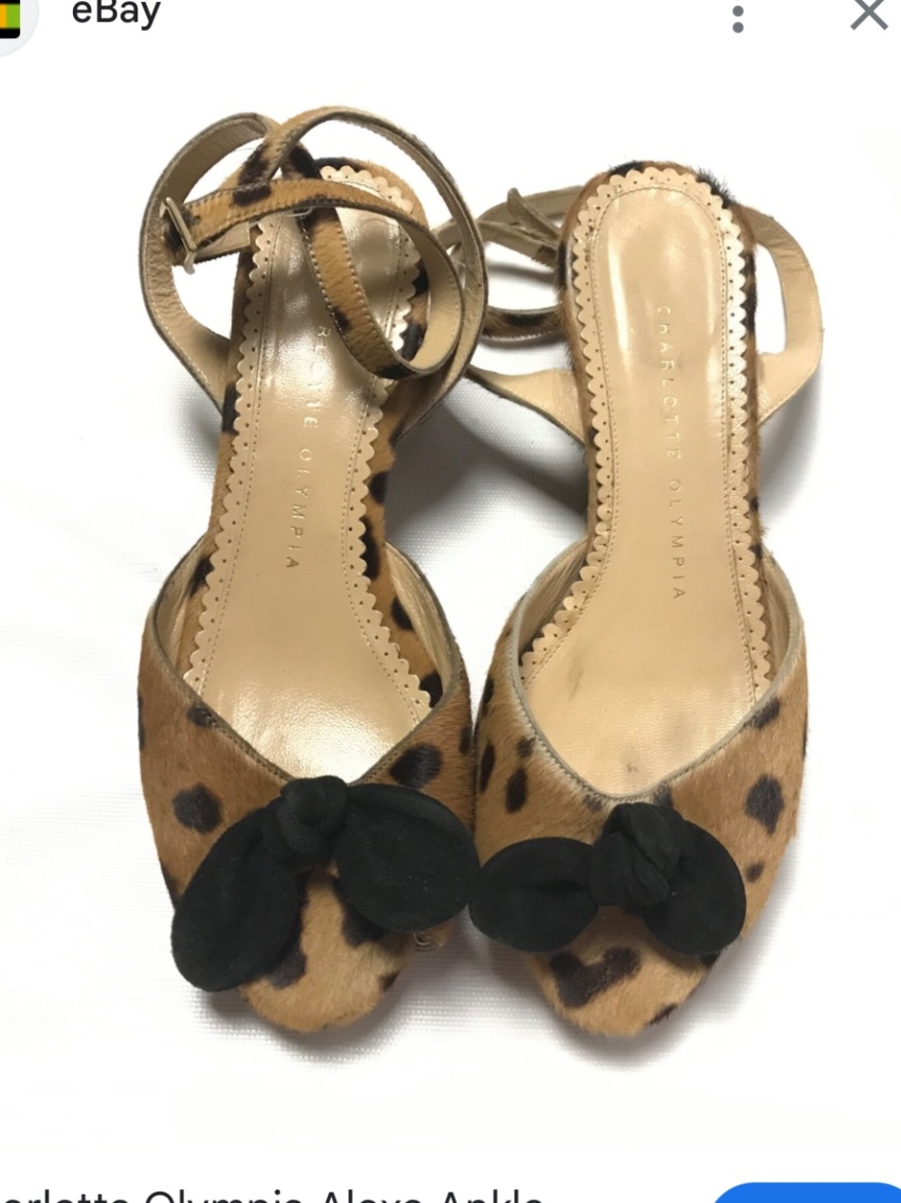 Charlotte Olympia Leopard Print ankle wrap Flats with Black Bow Accent 9.5